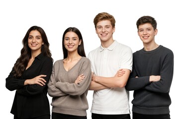 four young student standing next to each other against a plain light gray background concept cuatro jóvenes estudiantes de pie uno junto al otro sobre un fondo gris claro liso concepto