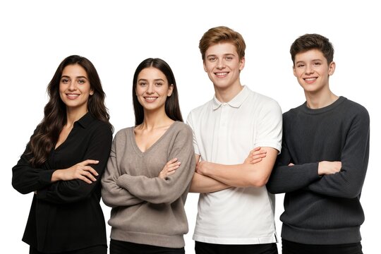 four young student standing next to each other against a plain light gray background concept cuatro j&oacute;venes estudiantes de pie uno junto al otro sobre un fondo gris claro liso concepto