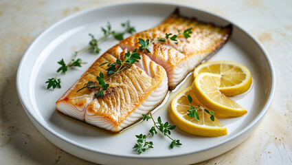 A beautifully plated dish of cooked salmon with fresh lemon and herbs, ready to serve.