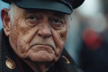 Close-up of a veteran wearing a medal during the celebration of an important event, his eyes conveying a deep sense of history