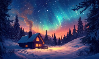 cozy cabin with smoke rising from its chimney, surrounded by a snowy meadow under a vibrant aurora borealis, Generative AI