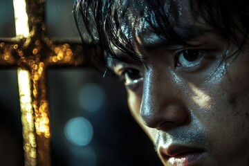 Dramatic close-up of a worshiper's face filled with reverence and emotion, set against the backdrop of a golden cross