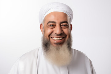 Smiling Arab Imam on White Background &ndash; Peaceful Muslim Religious Leader in Traditional Islamic Attire | Spiritual Figure Portrait Representing Faith, Wisdom, and Middle Eastern Culture