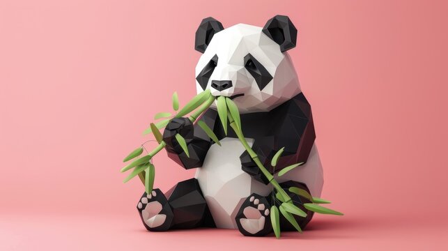 Cute polygonal panda cub eating bamboo