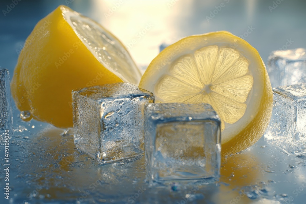 Poster refreshing lemon slices resting on crystal ice cubes in a cool setting, cold lemon between ice cubes
