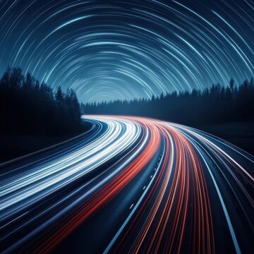 Long Exposure of Highway at Night with Star Trails and Light Streaks in Forest Landscape Scenery