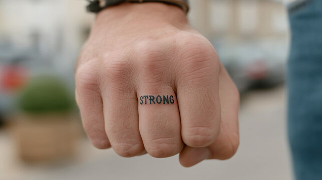 Fist Tattoo: A close-up shot of a person's fist, bearing a "STRONG" tattoo on the ring finger, powerfully conveying resilience and fortitude.