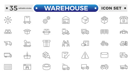 Warehouse service outline icon set. Containing order tracking, delivery home, delivery , truck, scooter, courier and cargo icons. Shipping symbol. Editable stroke outline icon.
