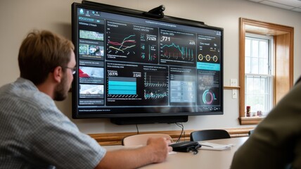 A team reviews analytics and data visualizations on a large screen during a meeting in a modern office setting.