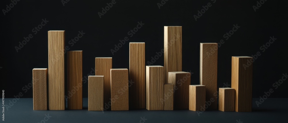 Aufkleber wooden blocks arranged in bar graph formation on dark background studio shot demonstrating growth an