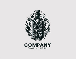 Obraz premium Intricate Magic Potion Bottle with Plants and Stars Vector Logo Design, Detailed Magic Elixir Bottle Plants Stars Vector Logo, , Ornate Magic Potion Bottle Herbs Stars Illustration Logo