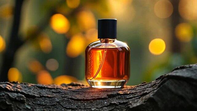Amber perfume bottle on a tree bark at sunset bokeh background