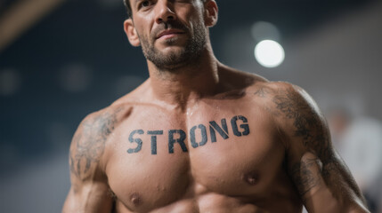 The Strength Within: A portrait of a muscular man with a tattoo reading 