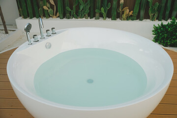 Close-Up Beautiful white bathtub with cactus in spa, tree decoration for relax 
