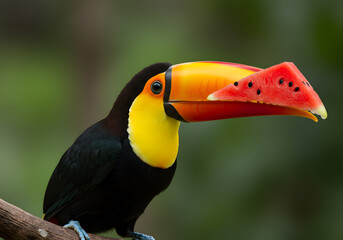 Fototapeta premium Colorful toucan bird with watermelon slice on branch in natural setting