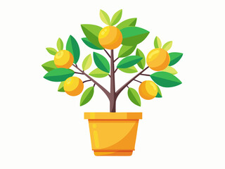 Fototapeta premium A flat vector of a small lemon tree growing in a pot with fruits. White background, vibrant and fresh indoor style