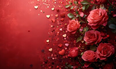 Valentine's Day advertisement featuring vibrant roses and sparkling heart-shaped confetti floating on a luxurious red background, Generative AI
