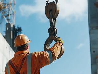 Construction Worker Operating Crane Hook