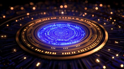 A digital - themed image showcasing a glowing blue circular interface at the center, surrounded by concentric rings and numerous small, illuminated points, creating a high - tech, cybernetic visual. 