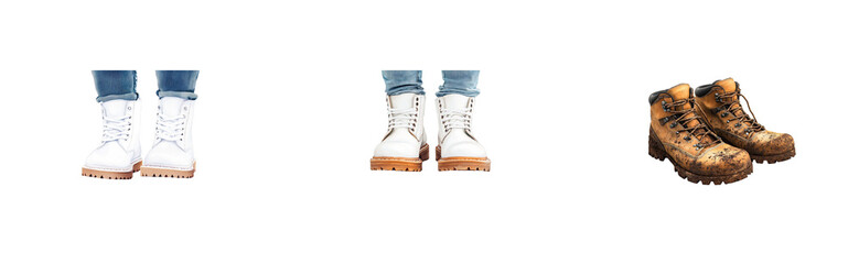 Dirty hiking shoes, white boots with jeans, cut out transparent