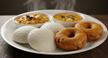 Steaming Idli, Medu Vada, and Sambar: A South Indian Culinary Delight
