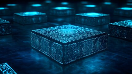 A group of intricately - designed, glowing blue cubes with detailed patterns, set against a dark, tech - inspired background, creating a visually striking and futuristic scene. 