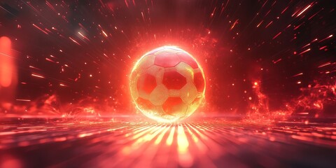 soccer-themed promotional design with a glowing ball at the center, surrounded by dynamic graphics in red tones, Generative AI