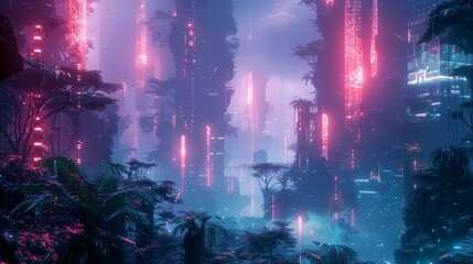 Futuristic neon jungle city with glowing pink skyscrapers and lush overgrown vegetation, blending advanced technology with natural elements in a surreal sci-fi atmosphere.