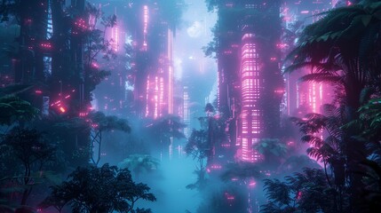 Futuristic neon jungle city with glowing pink skyscrapers and lush overgrown vegetation, blending advanced technology with natural elements in a surreal sci-fi atmosphere.