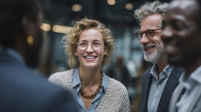 A corporate team discussing a new project, with members from different ethnicities actively participating in the conversation.