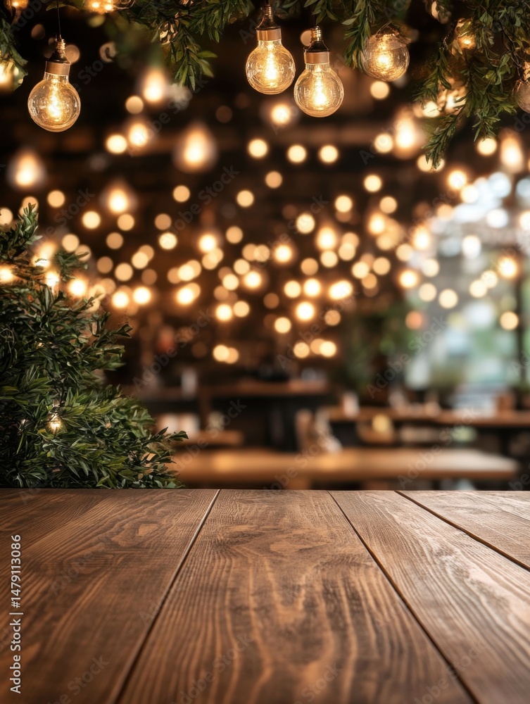 Poster rustic wooden table in warm cafe setting with decorative lights and greenery overhead product displa