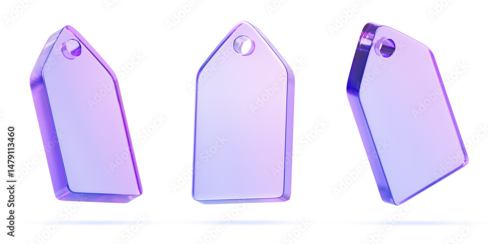 Poster 3d holographic glass morphism gift tag in different angles. purple transparent rectangle shape with 