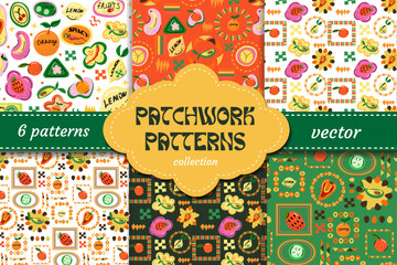 Summer Trendy fruit sticker patchwork seamless pattern. Cute framed repeat background. fruit in frames. Vector print, geometric elements