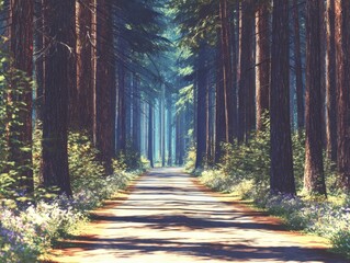 Obraz premium Forest Path Lush Greenery, Dappled Light, and Peaceful Ambiance