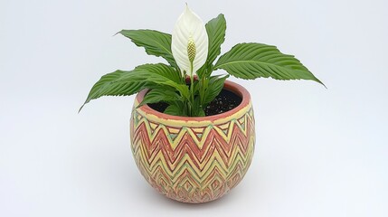 Fototapeta premium Ornamental pot displaying a peace lily plant.