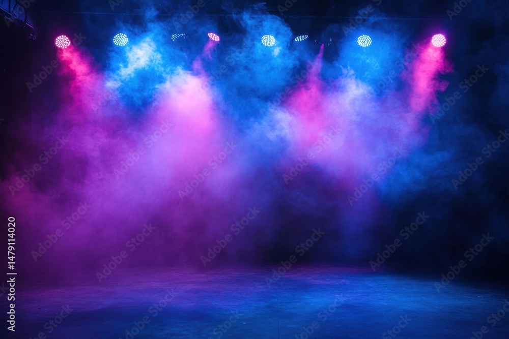 Poster stage lighting setup with pink and blue lights and smoke effects creating a dynamic atmosphere for p