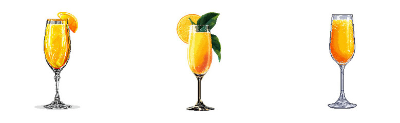 Pixel art of a sparkling orange mango spritzer in a glass flute, transparant background.