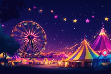 Night carnival featuring a colorful ferris wheel and vibrant tents under a starry sky, Colorful carnival at night with ferris wheel and vibrant tents under starry sky Festival concept