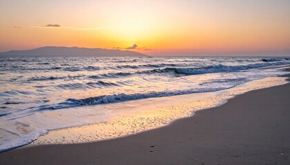 Fototapeta premium Serene Sunset Beach Scene with Soft Waves.