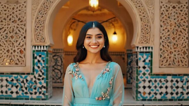 A woman standing in front of intricate blue and white tiled walls, she is smiling while wearing a long blue gown, the walls are ornamented with beautiful patterns