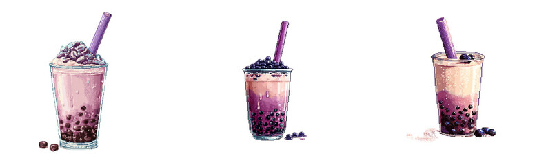 Pixel art of a creamy taro bubble tea with big purple straw, transparant background.