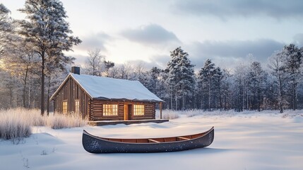 Snowy cabin and canoe in a winter forest at sunrise