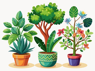 A collection of three indoor trees in different decorative pots. White background, botanical diversity in home design