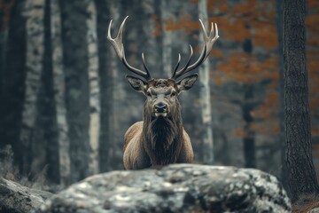 Fototapeta premium Stag stands majestically in forest during seamless timelapse showing the beauty of nature, a stag in the forest seamless ing time-lapse virtual Photo Background