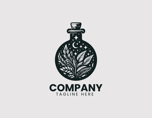 Obraz premium Intricate Magic Potion Bottle with Plants and Stars Vector Logo Design, Detailed Magic Elixir Bottle Plants Stars Vector Logo, , Ornate Magic Potion Bottle Herbs Stars Illustration Logo