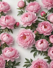 Fototapeta premium Fresh pink peony and rose blossoms, pristine white background Plenty of copy space , elegance, gift, celebration