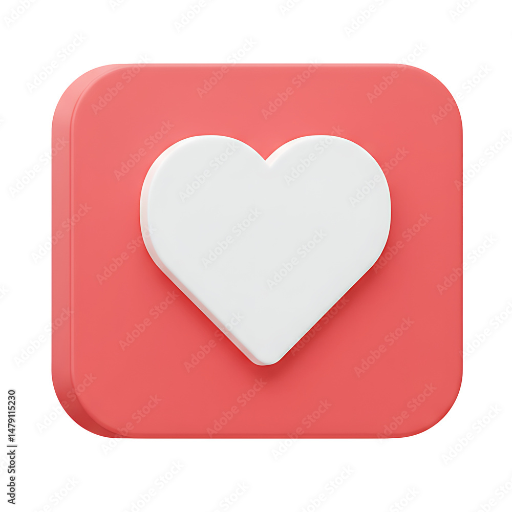 Poster 3d render of a coral pink square button with a white heart icon