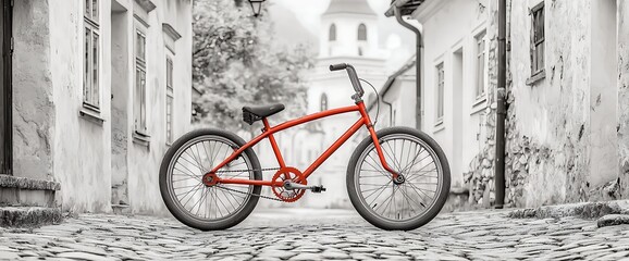 Red bicycle in black & white European alley. Cobblestone street and building details