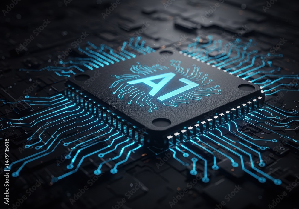 Aufkleber close up of a black computer chip with ai logo and glowing blue circuit patterns