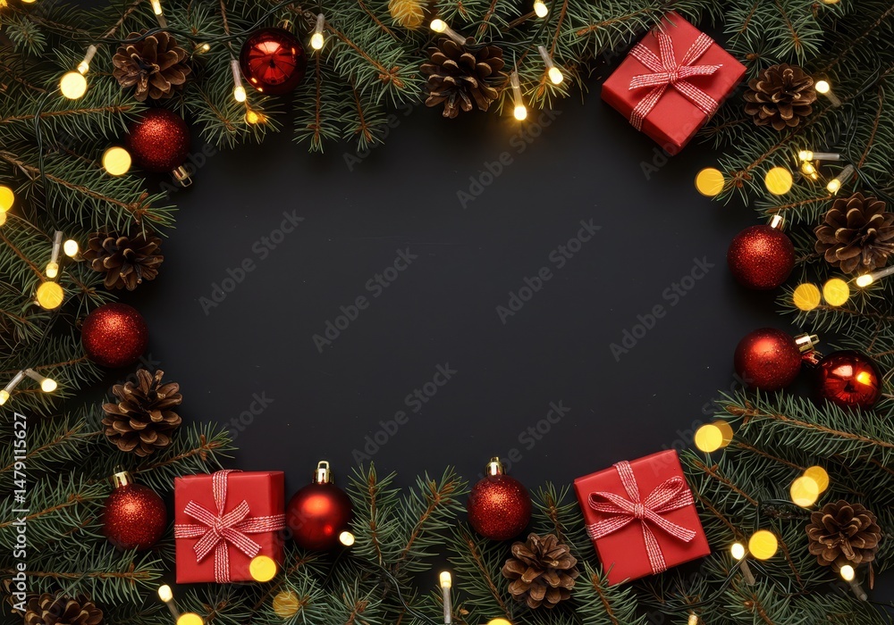 Poster christmas presents and ornaments are arranged with pine branches and string lights on a dark backgro